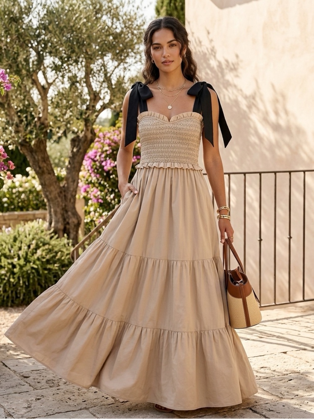 👑Kings Road Beige Tie-Shoulder Smocked Maxi Dress, elegant, beach,cruise